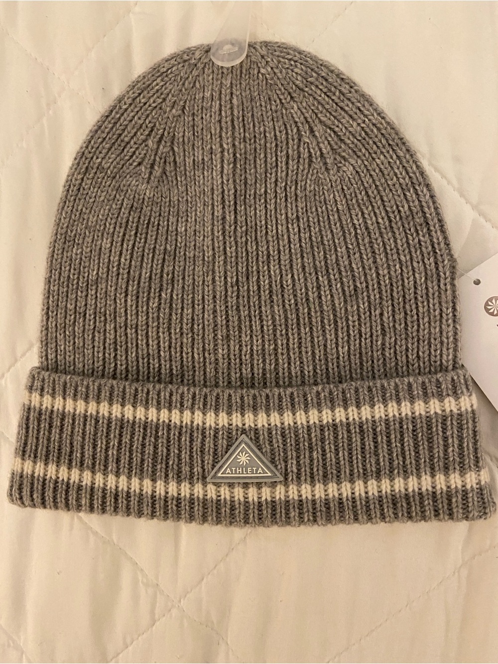 Athleta Gray Knit Beanie with Ivory Stripe Cuff NWT $32